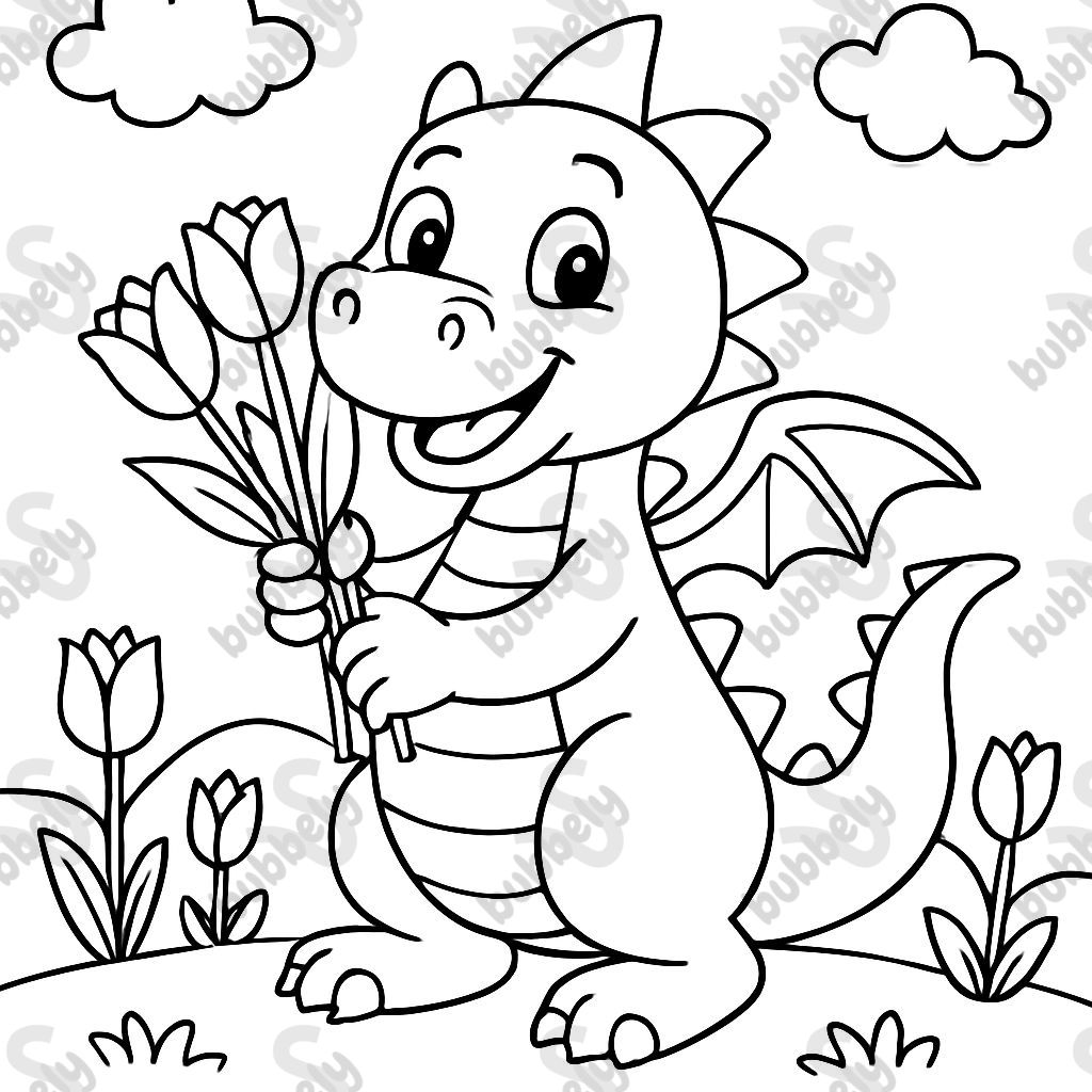 Dragon holding tulips