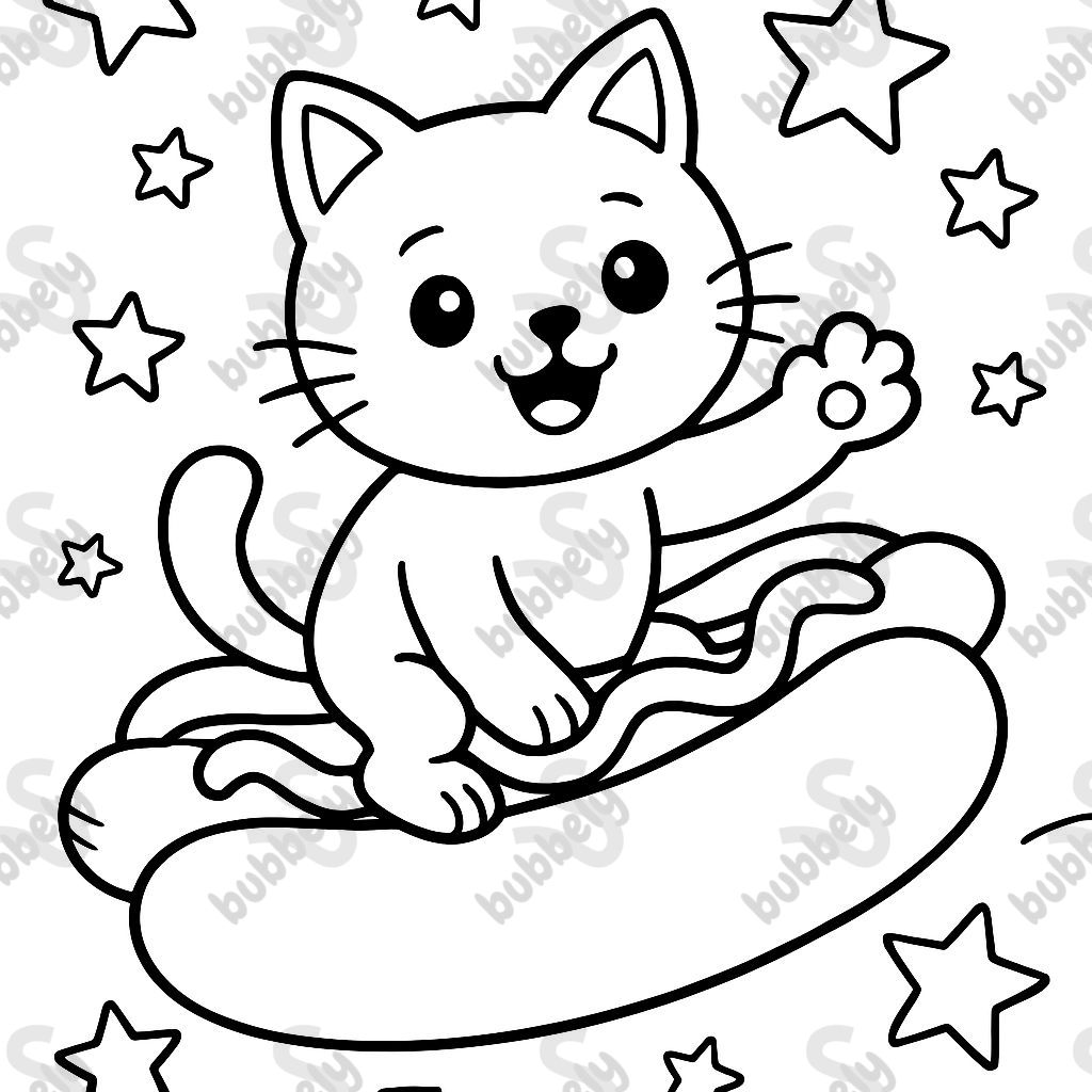 Cat riding a hot dog with stars in the background