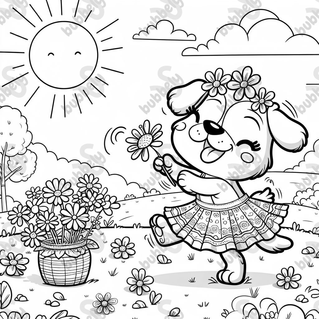 a dog wearing a skirt picking flowers