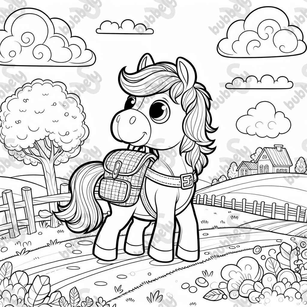 Un cheval avec un cartable d'écolier.