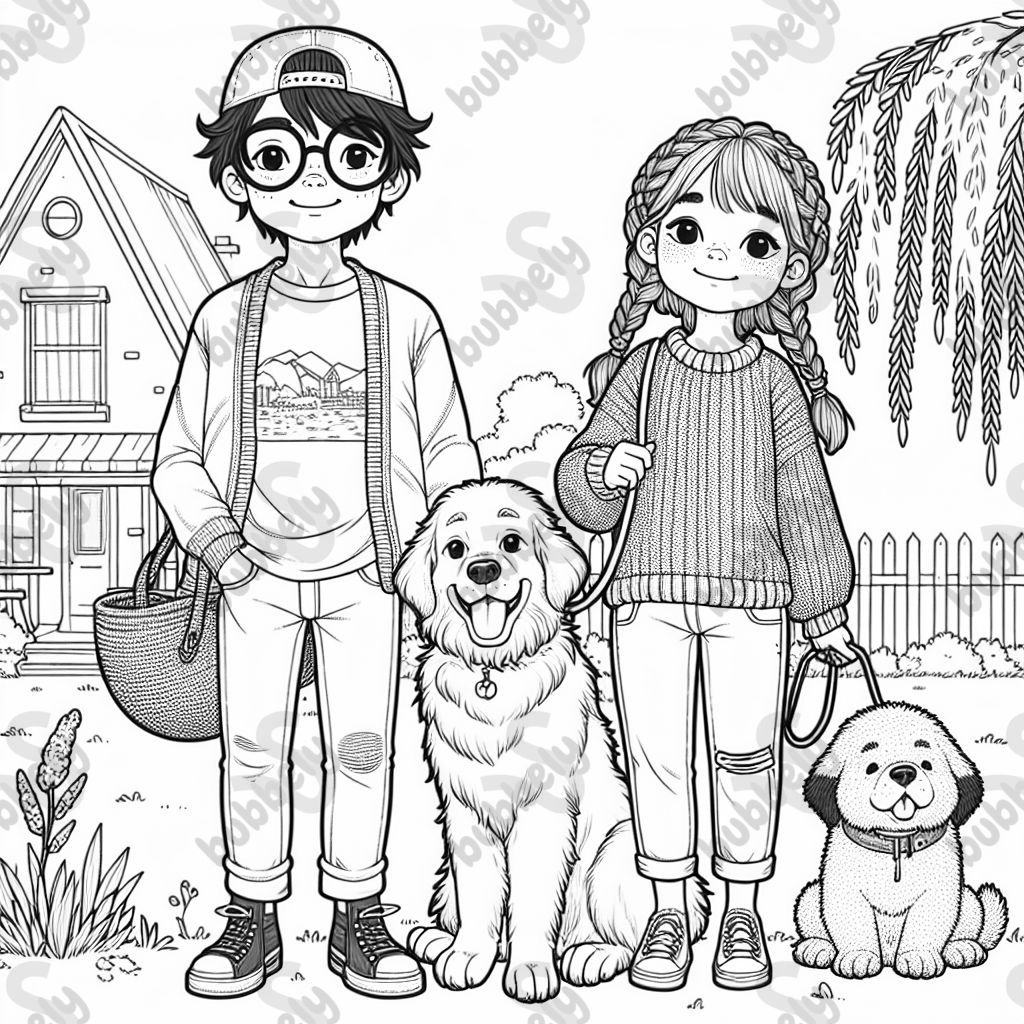 A man with brown fluffy hair, a ball cap on his head, and square glasses on his face. He is wearing an Ohio State t-shirt and jeans. A woman with red brown hair braided to the side, wearing a sweater, jeans, and sandals on her feet. A big fluffy golden retriever and a cane corso puppy. Standing outside under a weeping willow tree, in front of a small house.