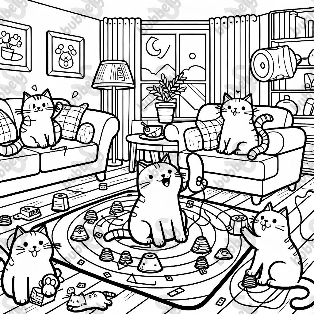 5 cats in a living room