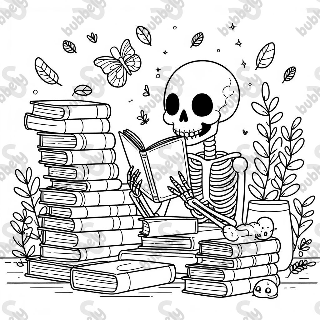 a skeleton reading books