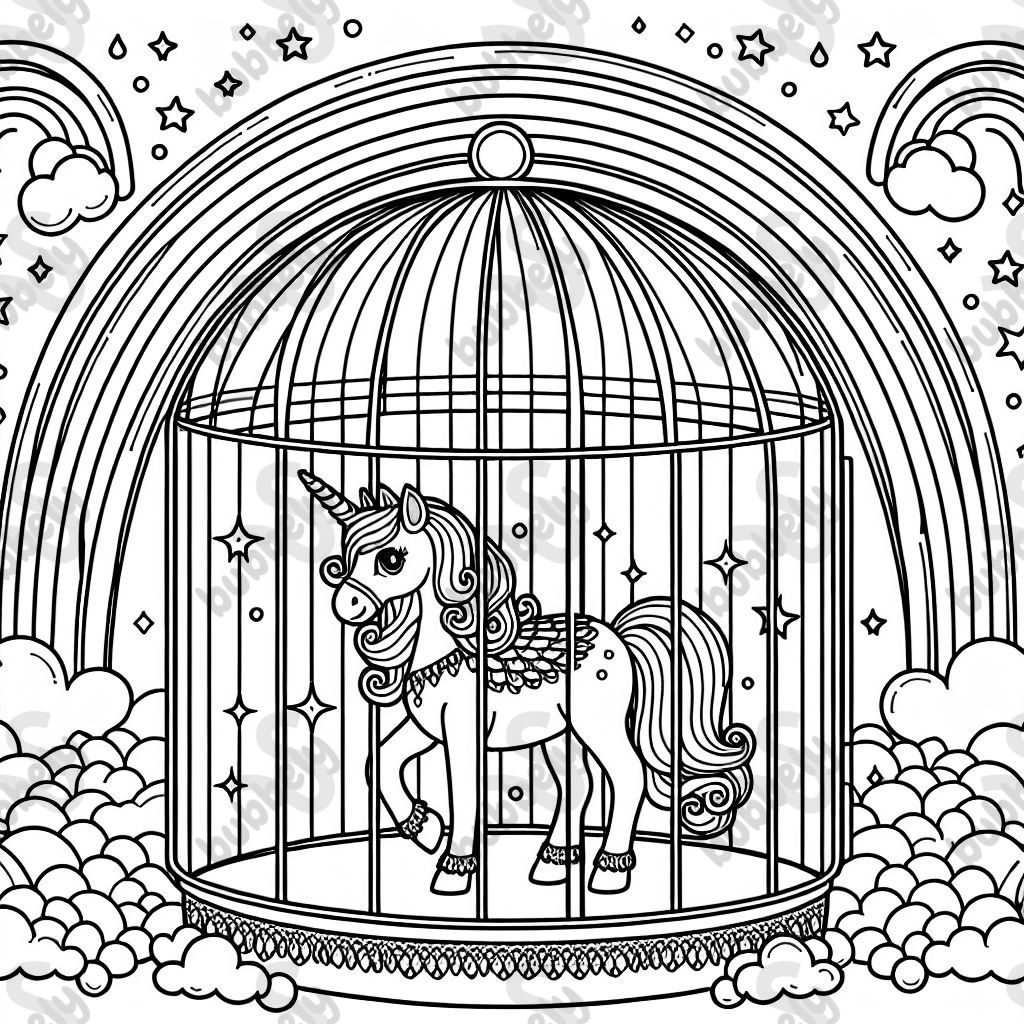 unicorn in a crystal cage with rainbow background 