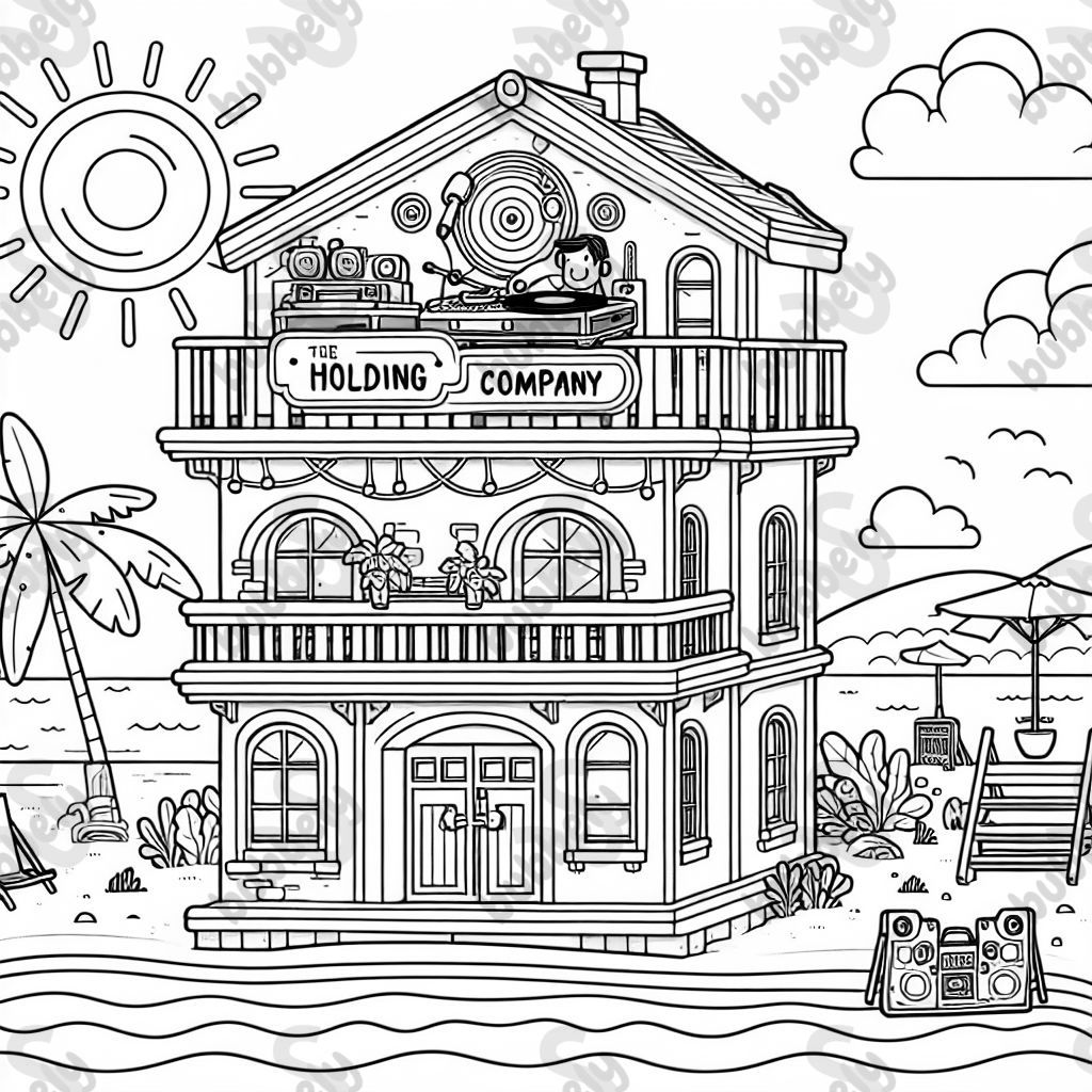 a 3 story building called "The Holding Company" on the beach with a DJ on top of the building a 3 story building called "The Holding Company" on the beach with a DJ on top of the building