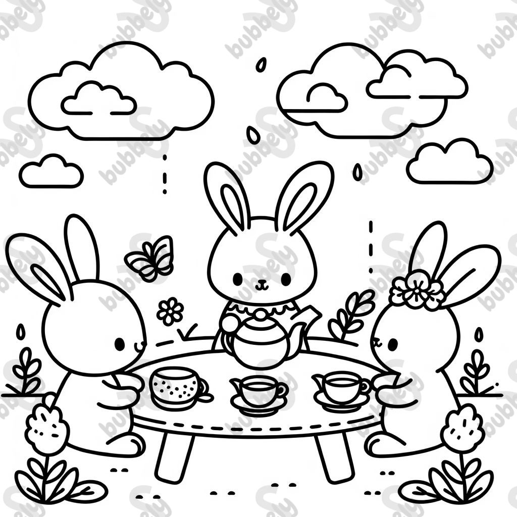 Three bunnies having tea party.