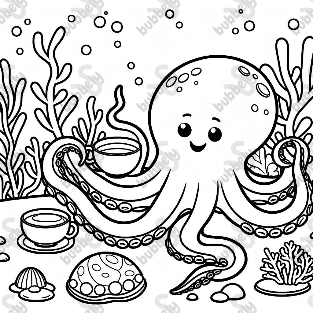 an octopus drinking tea