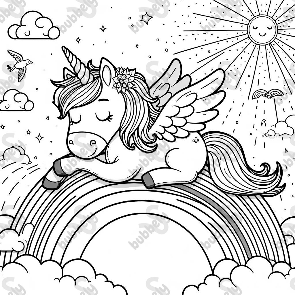 Unicorn with giant wings riding on a rainbow