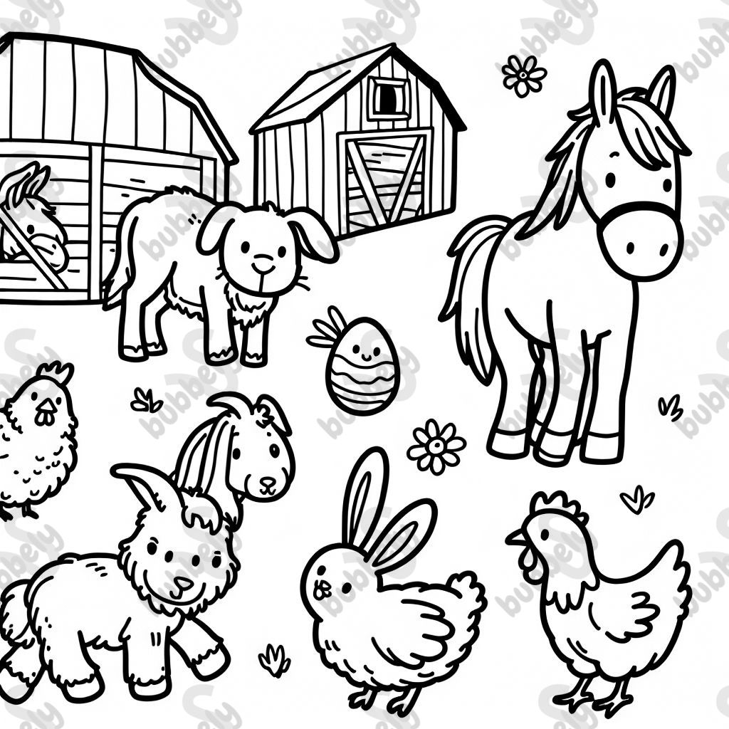 pferde, kaninchen, hühner, ziegen auf dem bauernhof