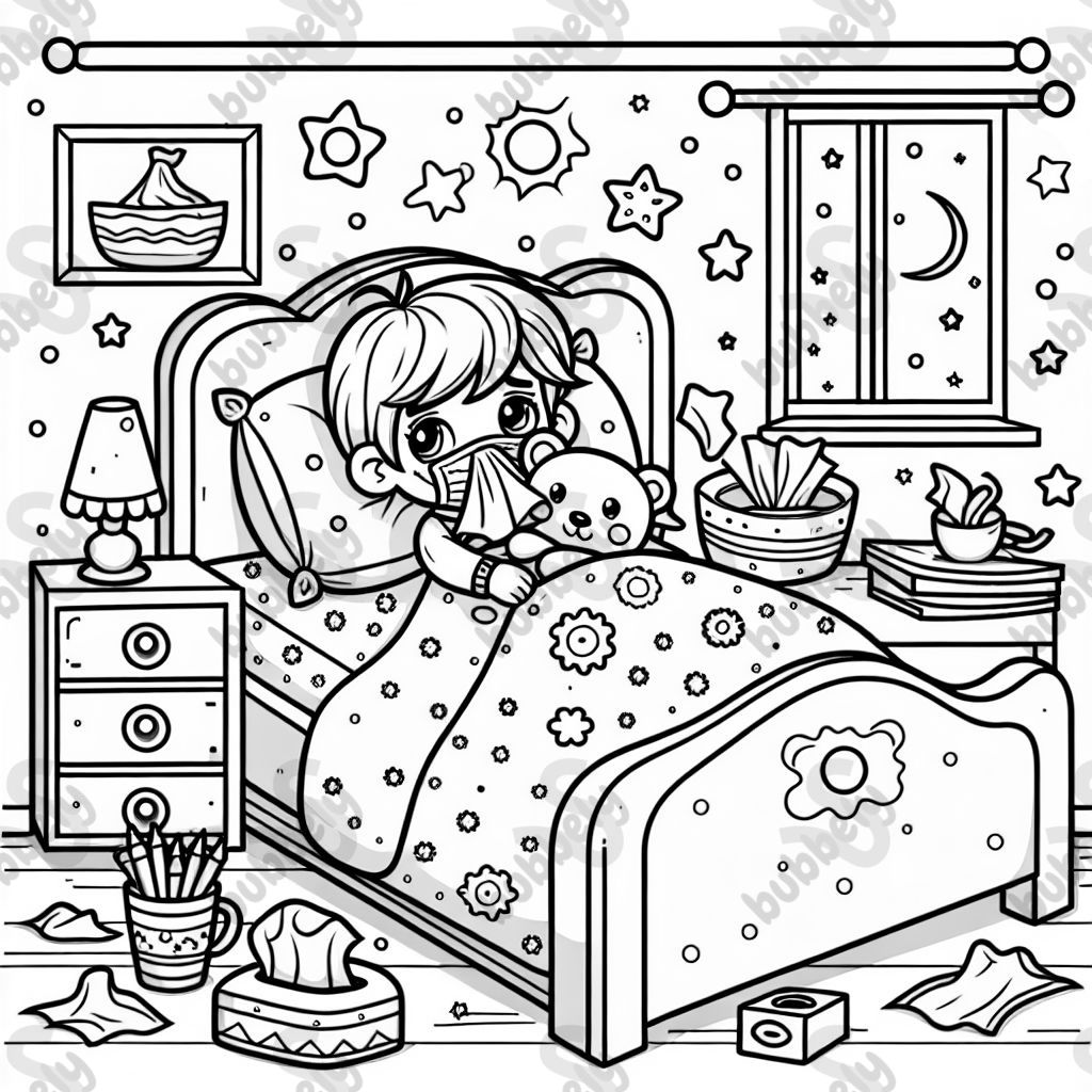 Kind mit Erkältung liegt im Bett 