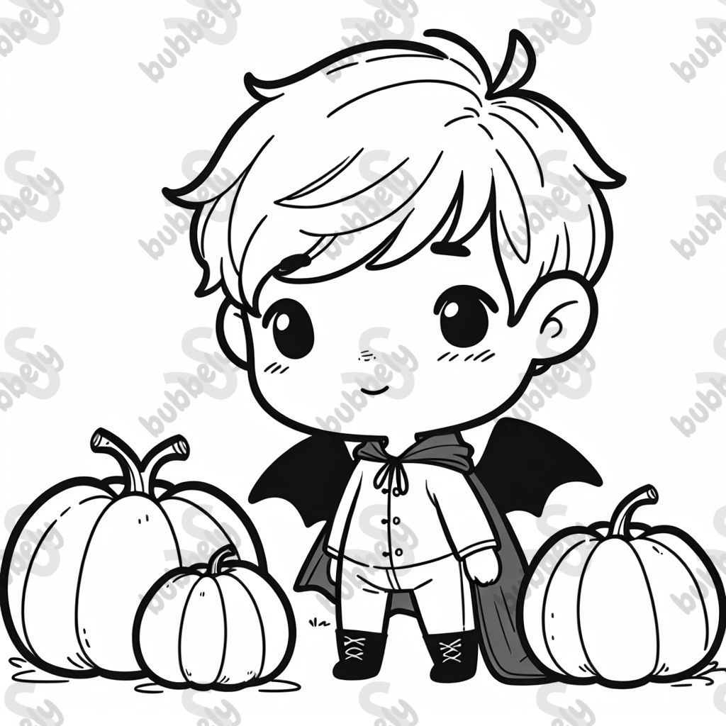 young blonde boy dressed as a bat with pumpkins
