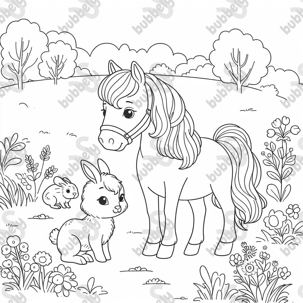 mom and baby horse with a bunny