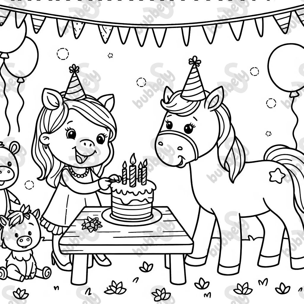 horse having a birthday party with her animal friends