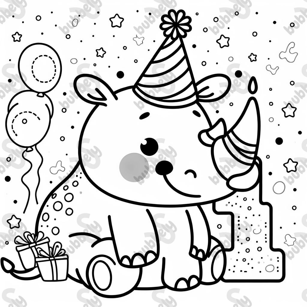 rhino with birthday hat and number 1