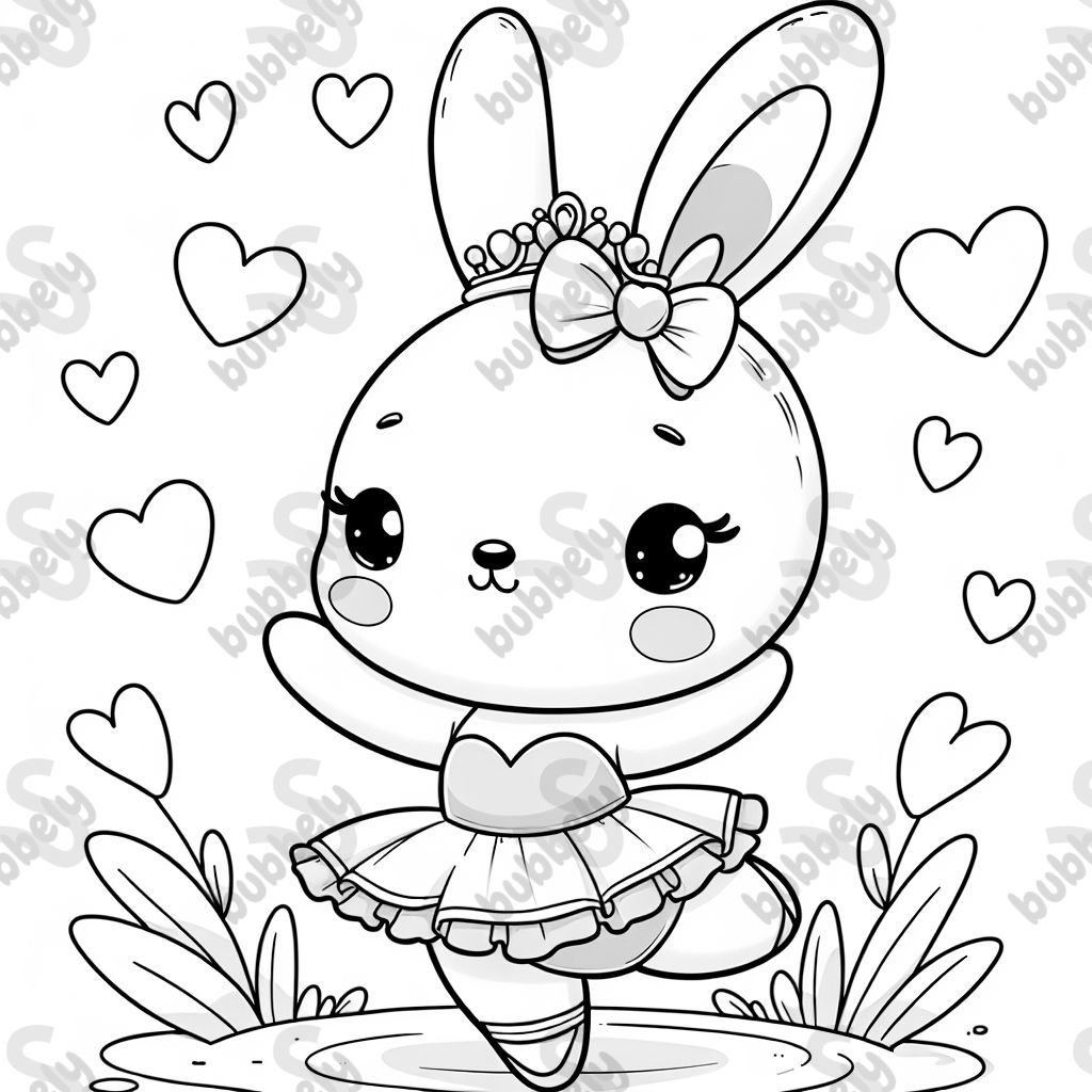 A bunny with a bow and a crown is dancing ballet. There are hearts in the background. 