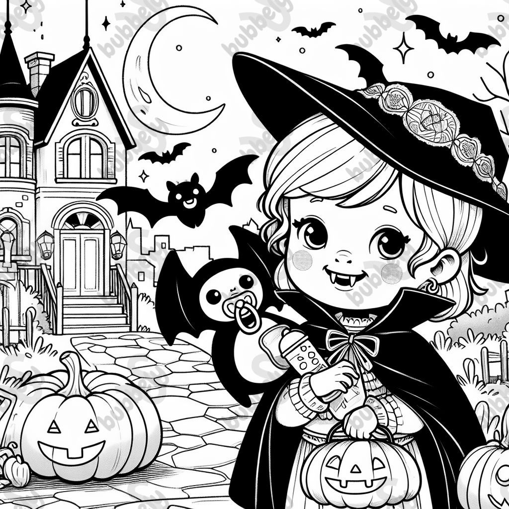A girl vampire with a cute bat on her shoulders. The bat has a pacifier in its mouth. It’s Halloween in the background. 