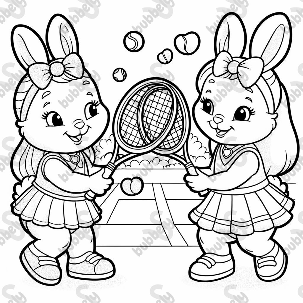 Two girl bunnies playing tennis. They have bows in their hair. 