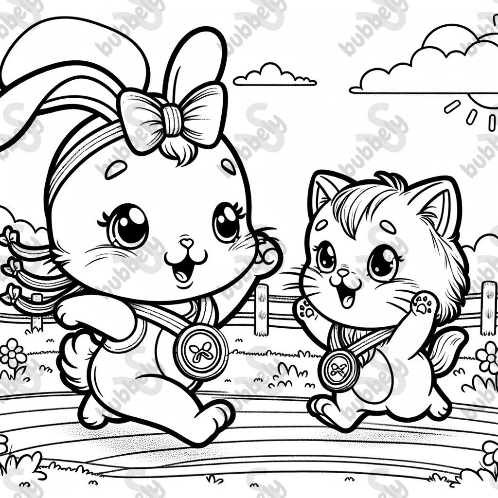A kitten and a bunny are wearing bows on their head. They are running a race and wearing medals. It is a sunny day. A kitten and a bunny are wearing bows on their head. They are running a race and wearing medals. It is a sunny day.