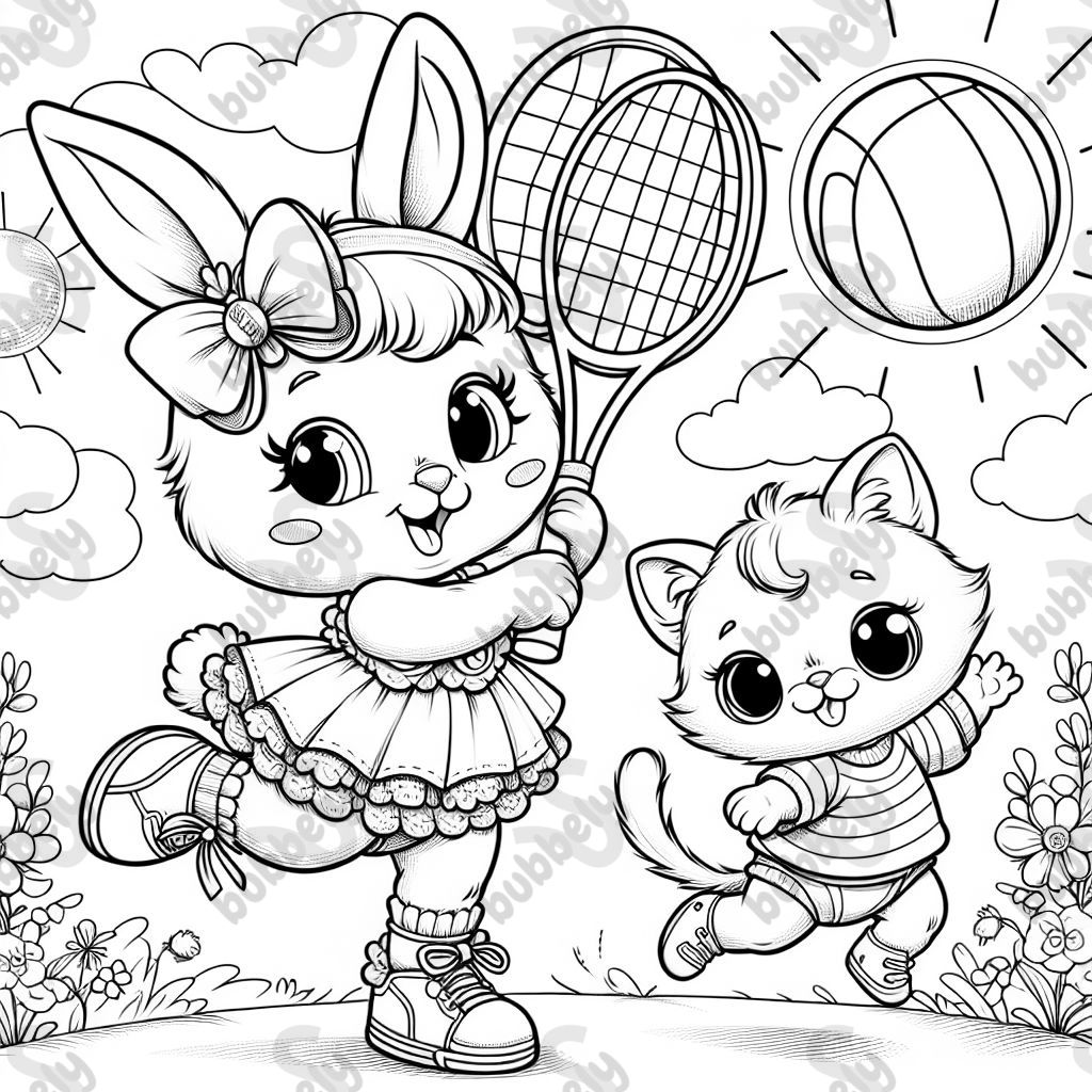 A bunny with a bow wearing a dress who is playing tennis. Her friend is a small baby cat who is playing football. A bunny with a bow wearing a dress who is playing tennis. Her friend is a small baby cat who is playing football.