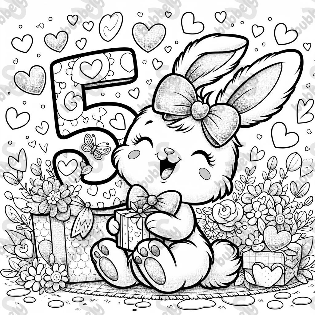 A bunny with a bow that’s holding a number 5. There are lots of hearts and flowers. 