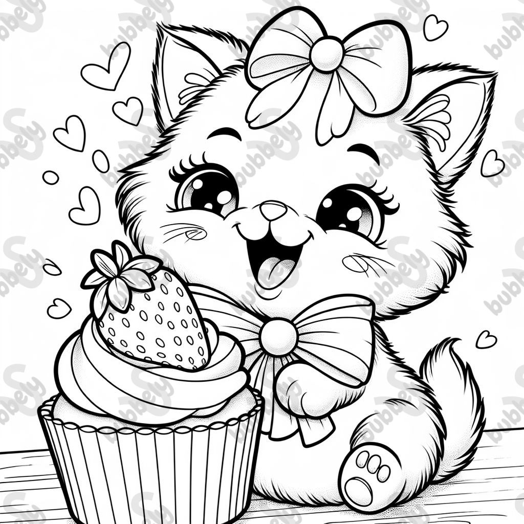 A kitten with a bow who is eating a cupcake with a strawberry on top. 