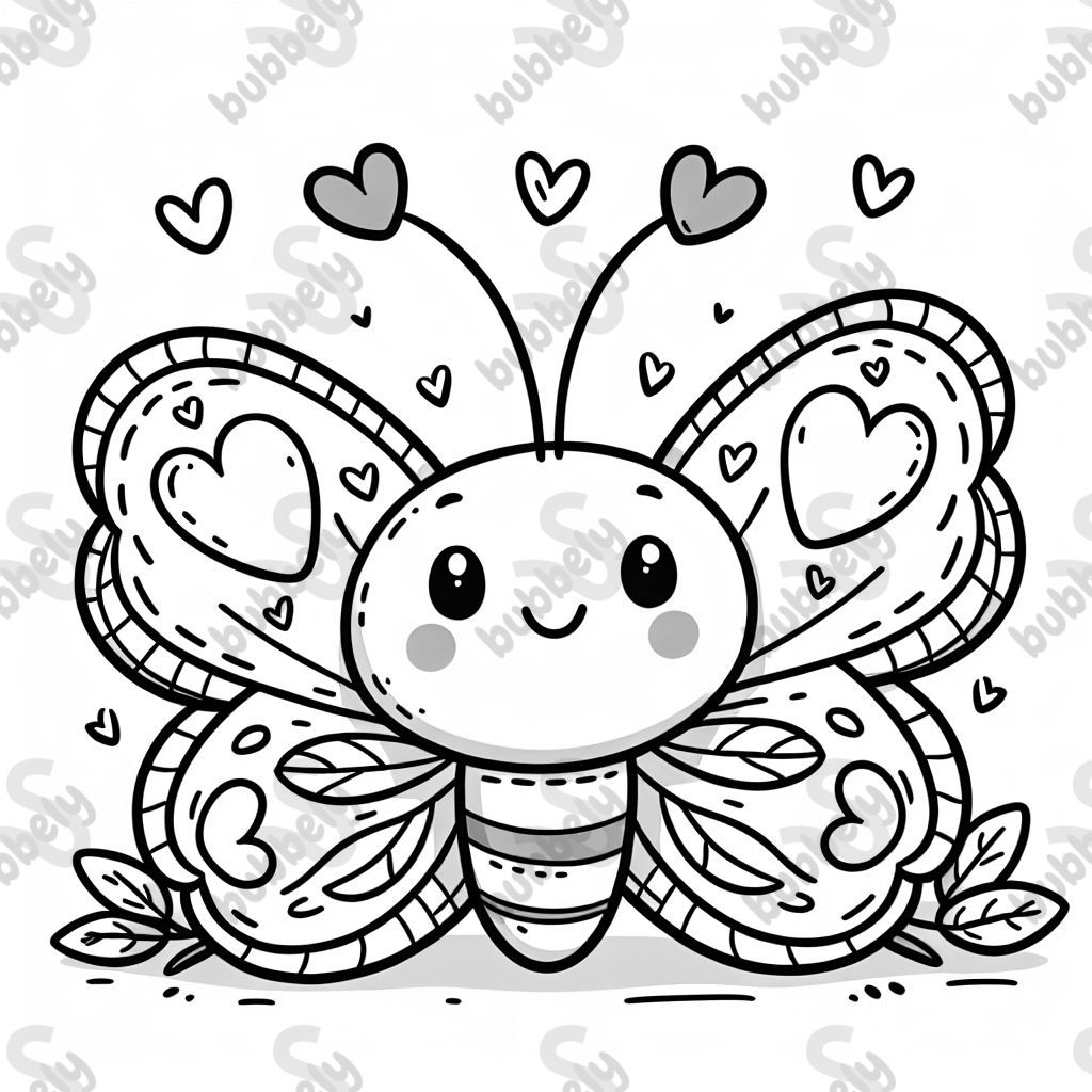A happy butterfly with heart antenna and hearts on its wings. 