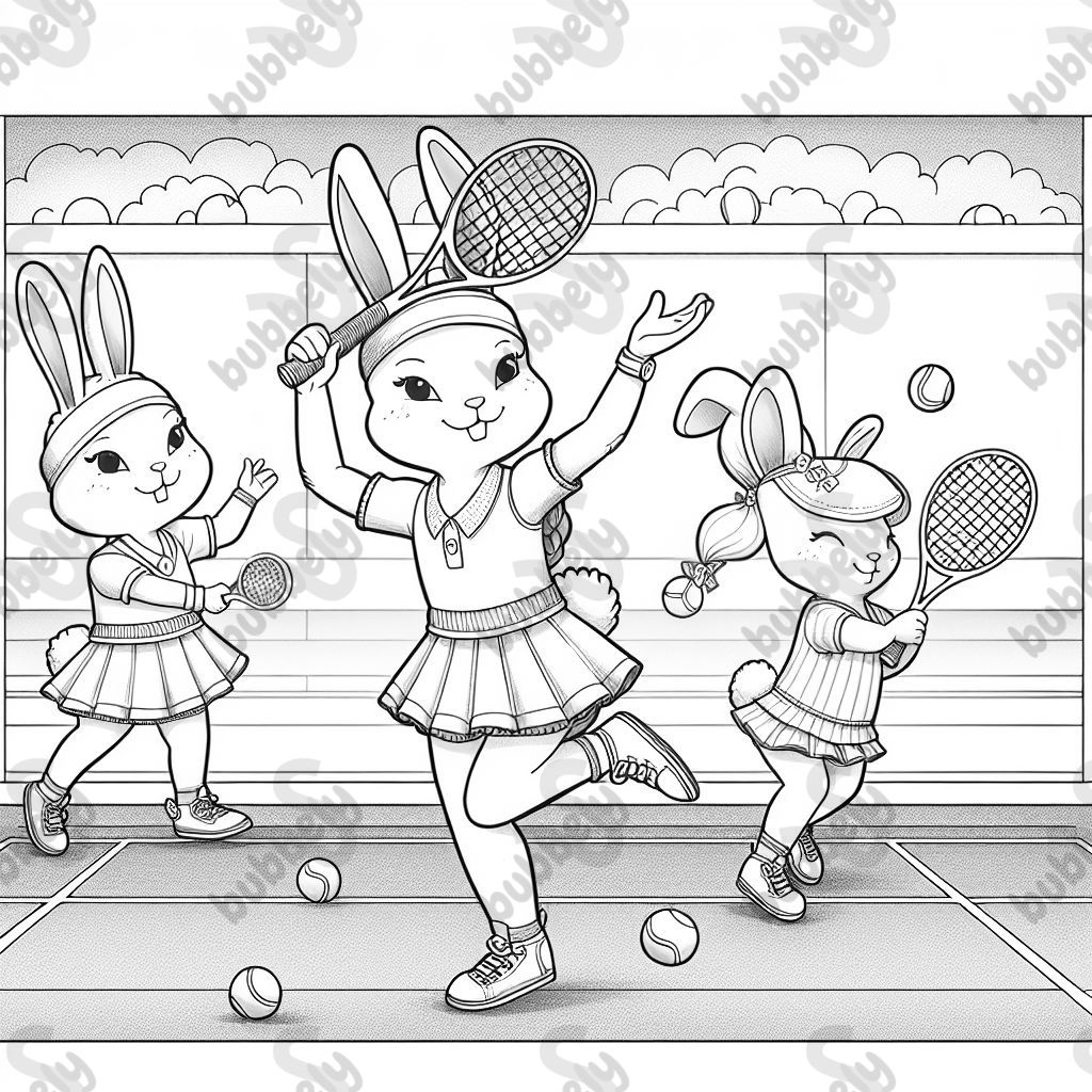 Two girl bunnies playing tennis. 