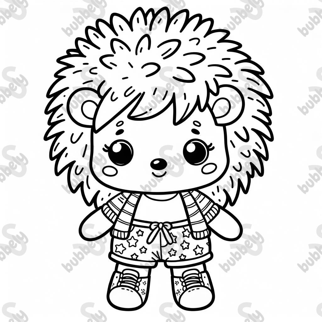 A hedgehog stuffed animal, with hair covering his ears, wearing shorts with stars on the shorts.
