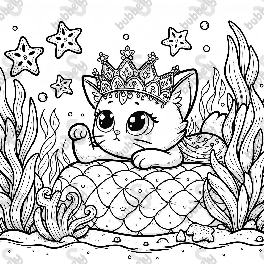 Mermaid cat with princess crown who is looking at sea stars