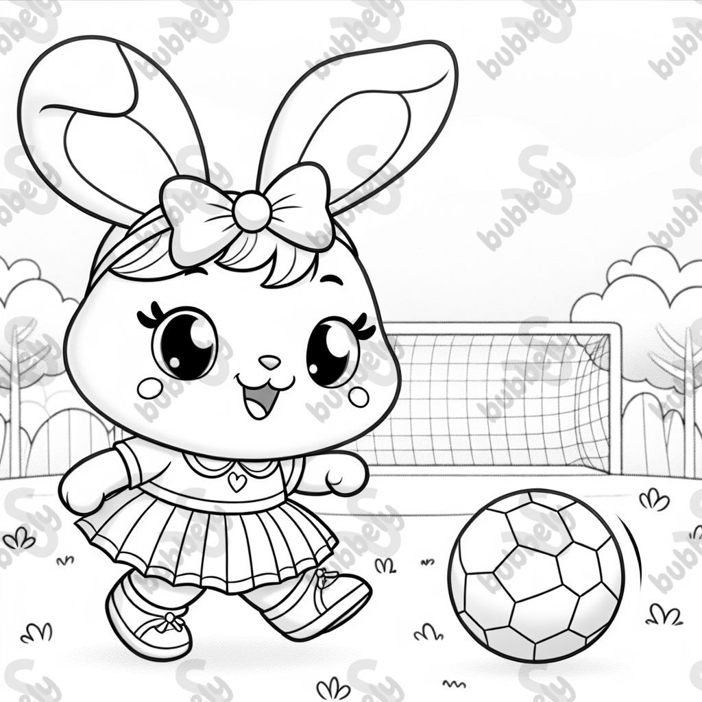 A cute bunny with a bow wearing a skirt playing soccer. 