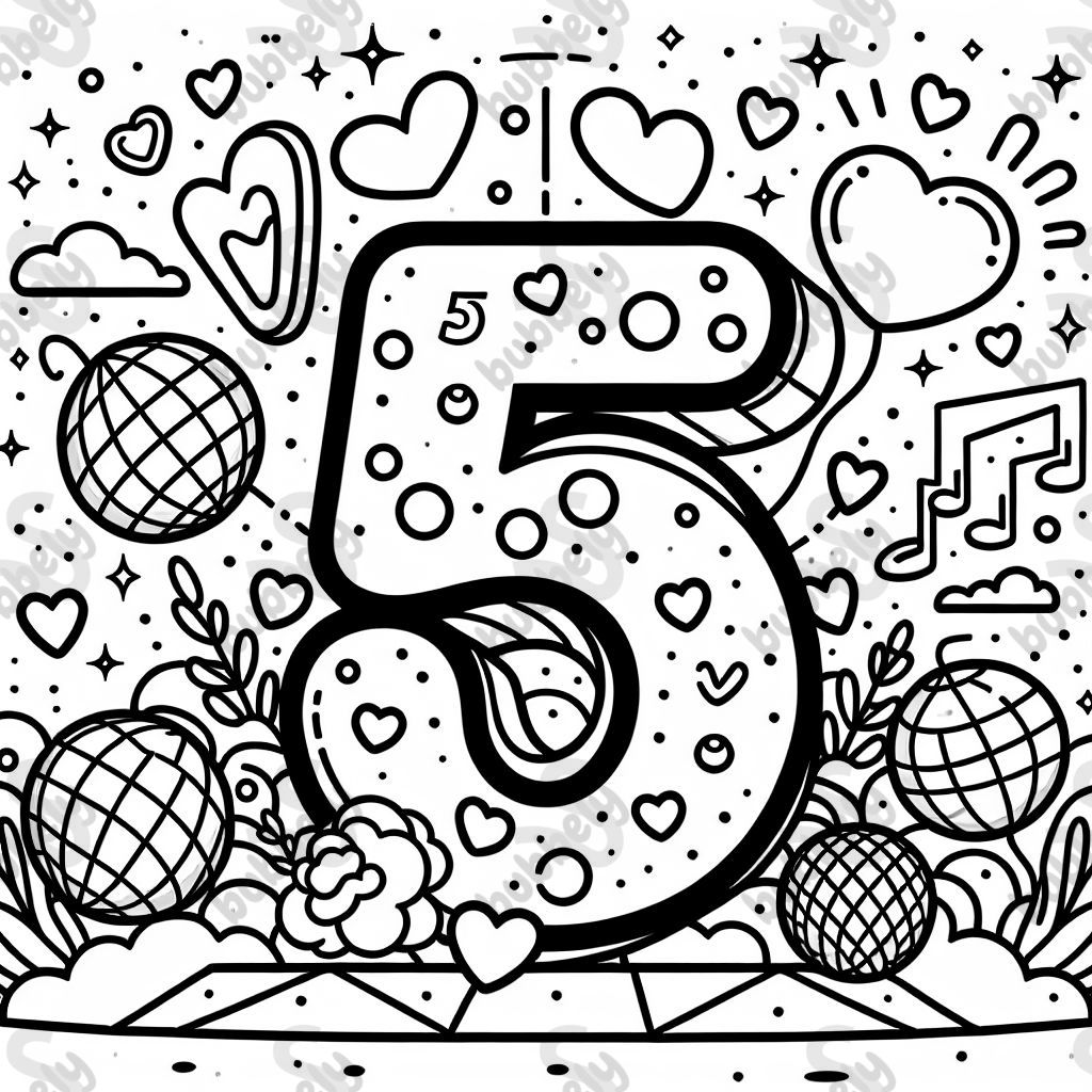 A big number 5 decorated with disco balls and hearts and glitter 