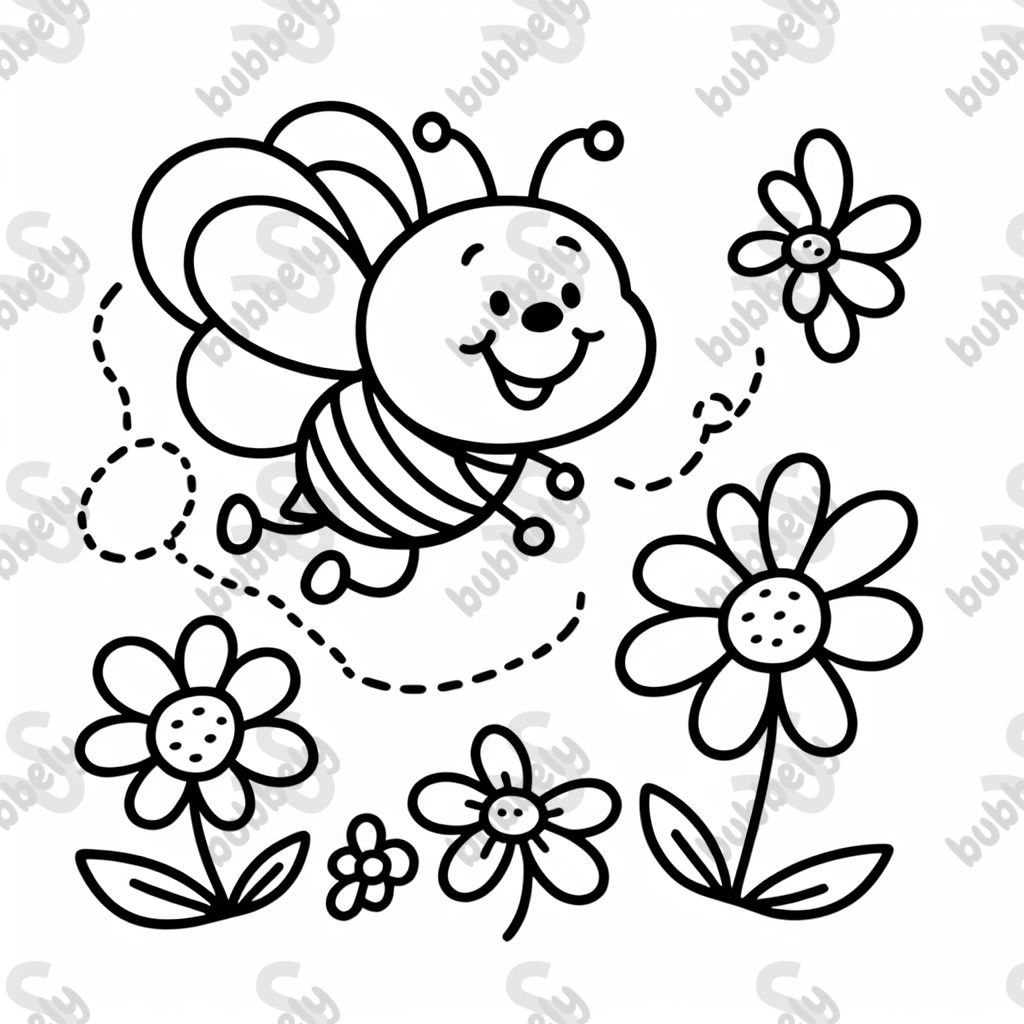 A happy bee flying from flower to flower. 