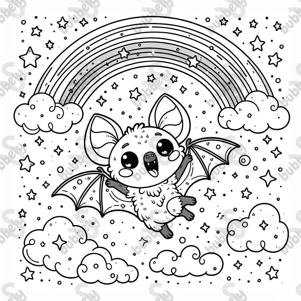 A baby bat flying at night looking at the stars and flying under a rainbow 