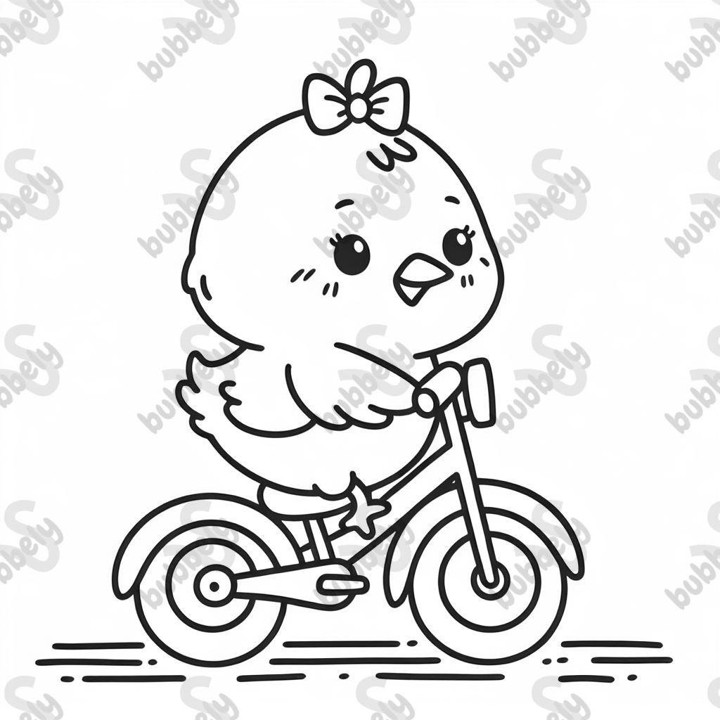 A baby chick who has a little bow in its hair. It is on a bike. 