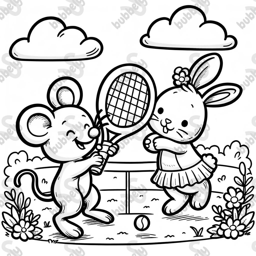 A mouse and a bunny playing tennis. 