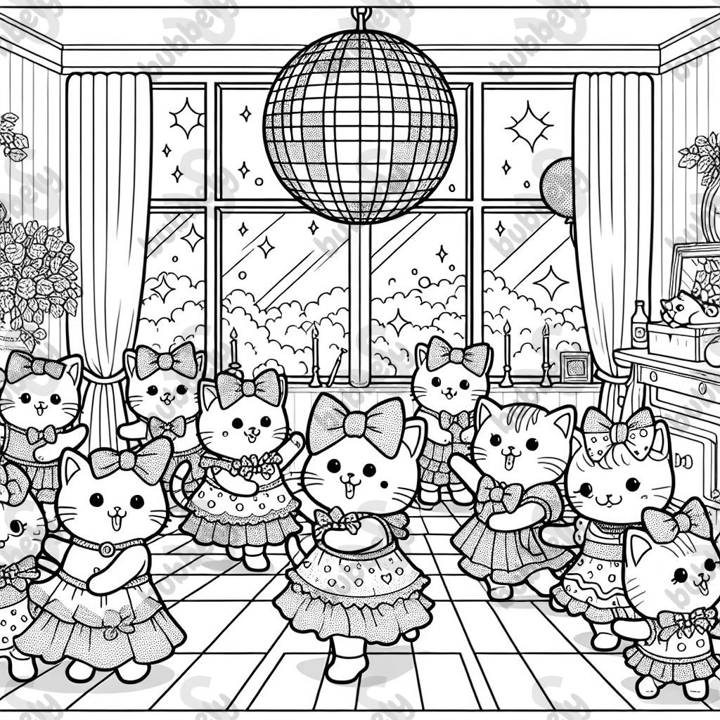 Many kittens wearing bows and party dresses dancing on a dance floor. There is a big disco ball hanging from the ceiling. Many kittens wearing bows and party dresses dancing on a dance floor. There is a big disco ball hanging from the ceiling.