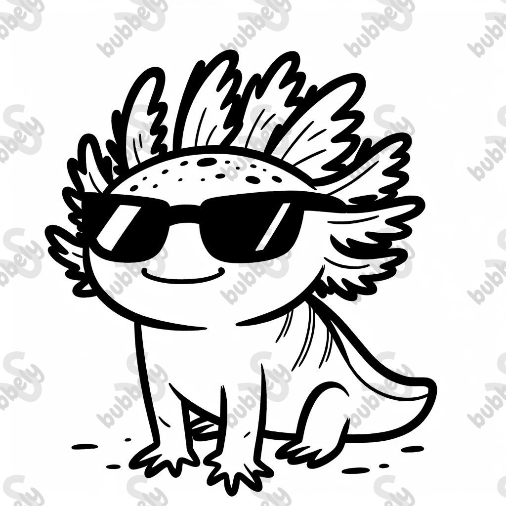 Axolotl wearing sunglasses. Black and white. No background.