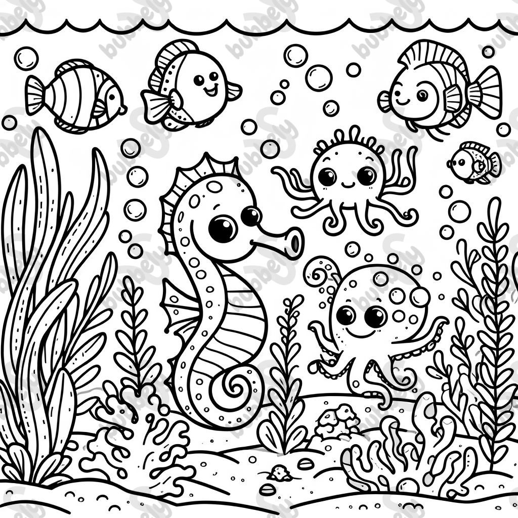 Ocean with waves and sea creatures to color.