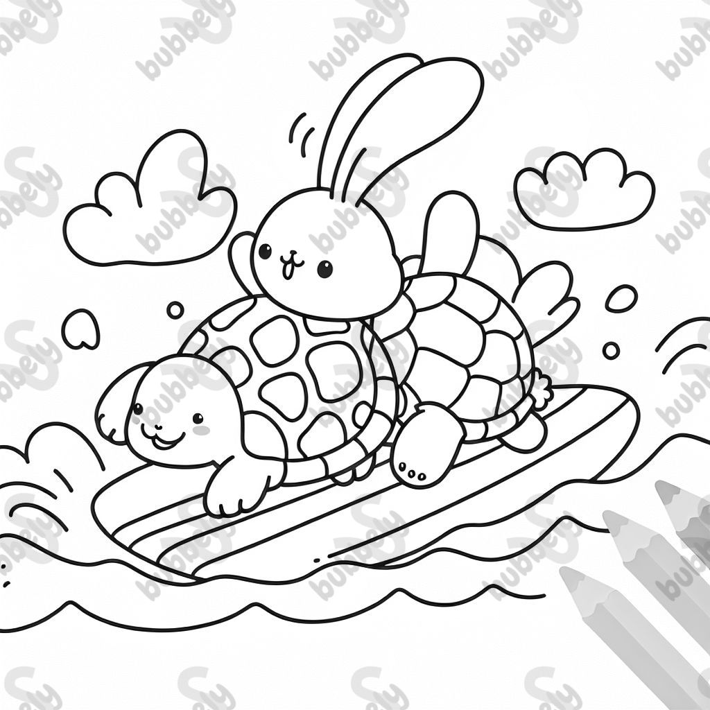 A turtle and bunny surfing