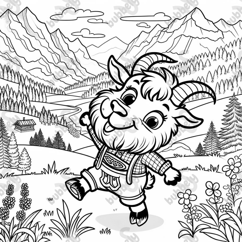 A mountain goat with a big beard and lederhosen in the swiss alps