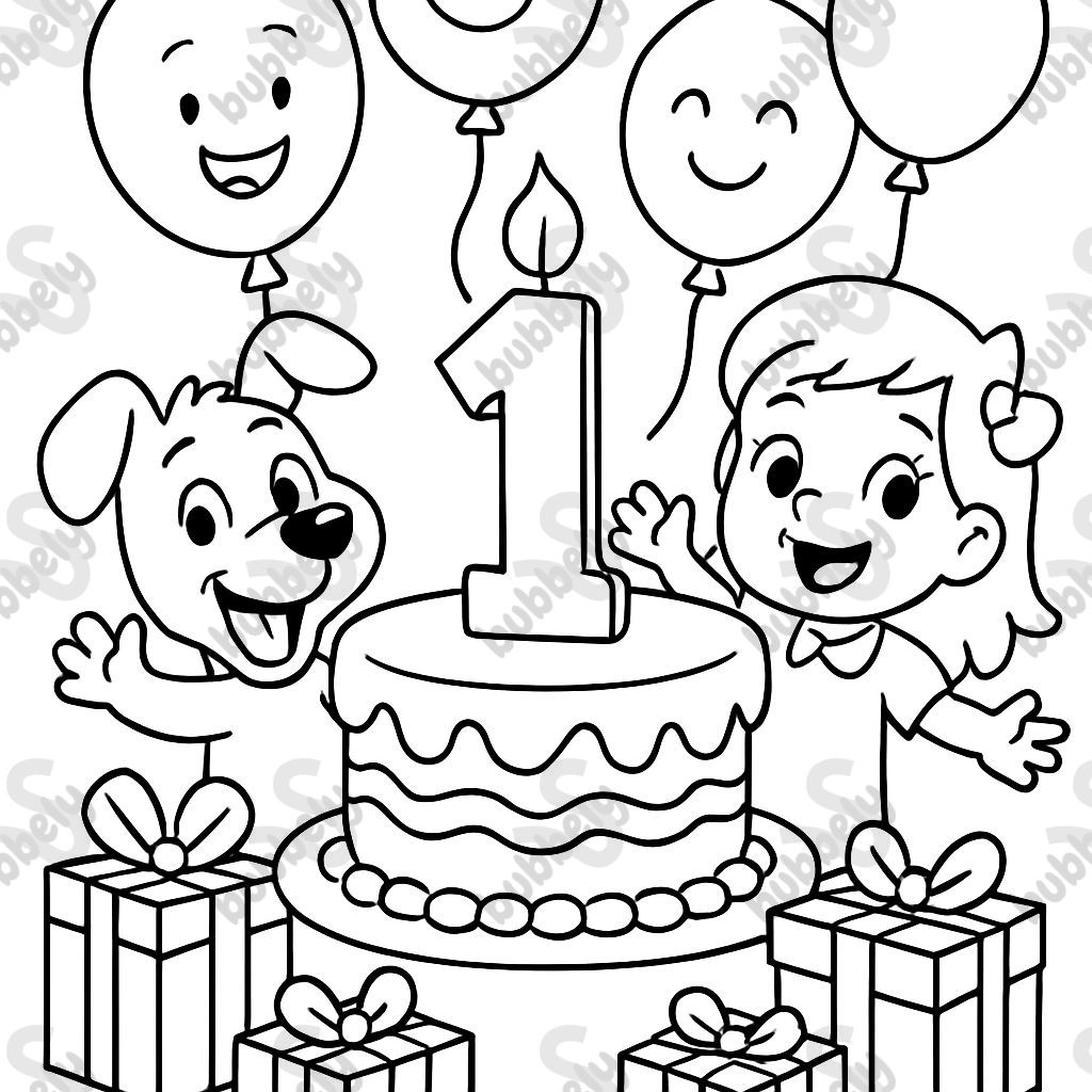 Birthday cake with the number one on it with balloons in background and presents. Birthday cake with the number one on it with balloons in background and presents.