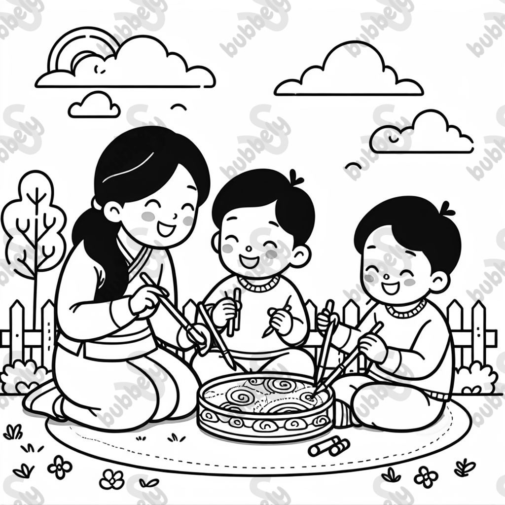asian mom with her two boys
