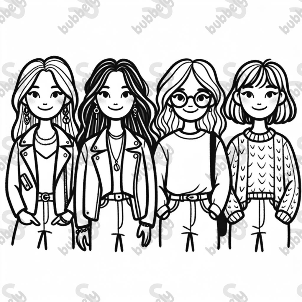 4 friends: woman 1 long straight hair leather jacket earrings, woman 2 long curly hair glasses t-shirt and jeans, woman 3 very short wavy hair necklace jeans and sweater, person 4 non-binary androgynous man-woman very short straight hair wool sweater
