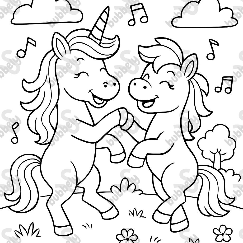 A unicorn and a pony dancing.