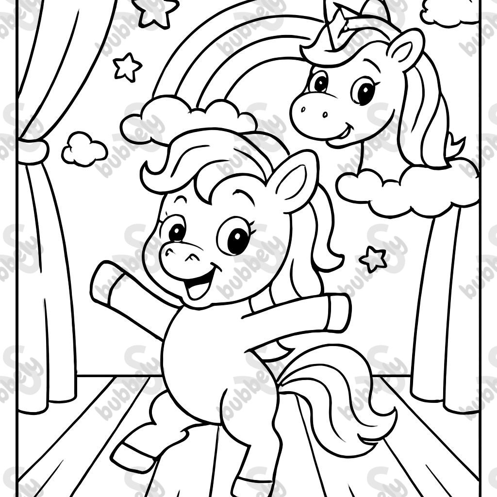 a unicorn and a rainbow with a pony dancing on stage