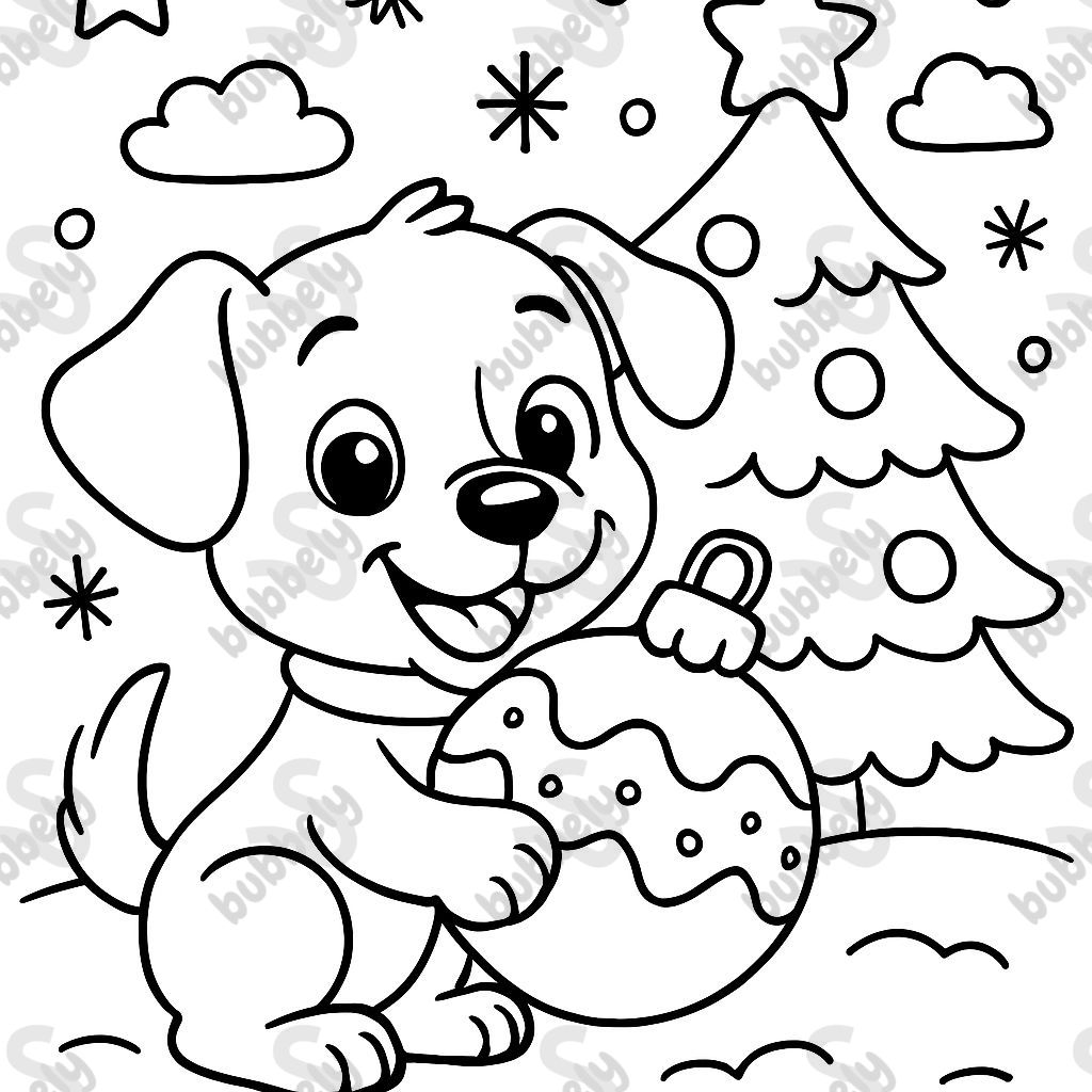 a puppy holding a christmas ornament