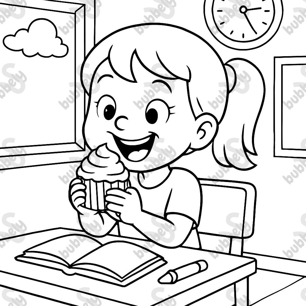 a girl eating a cupcake at school