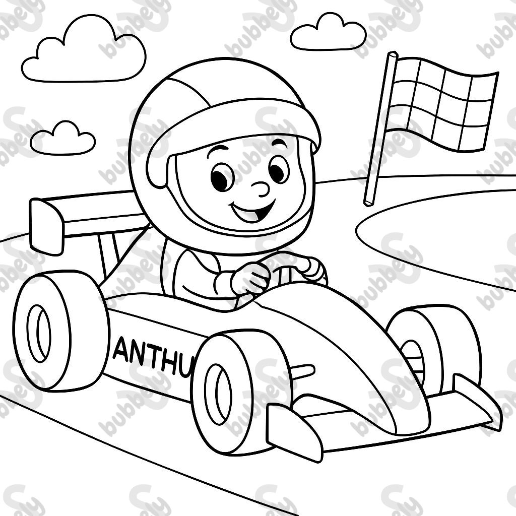 a kid named Anthu in a Formula 1 car