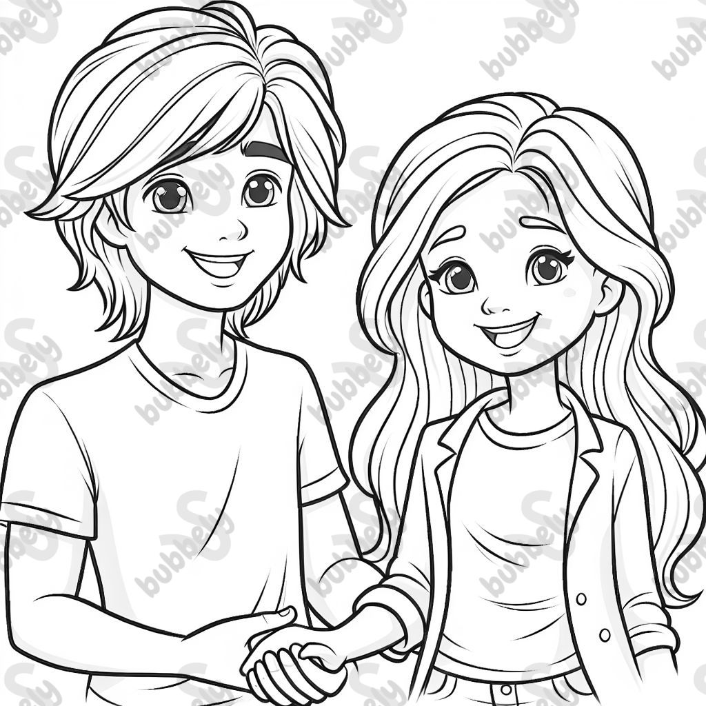a young man with medium long hair smiling and holding hands with a woman who is smiling