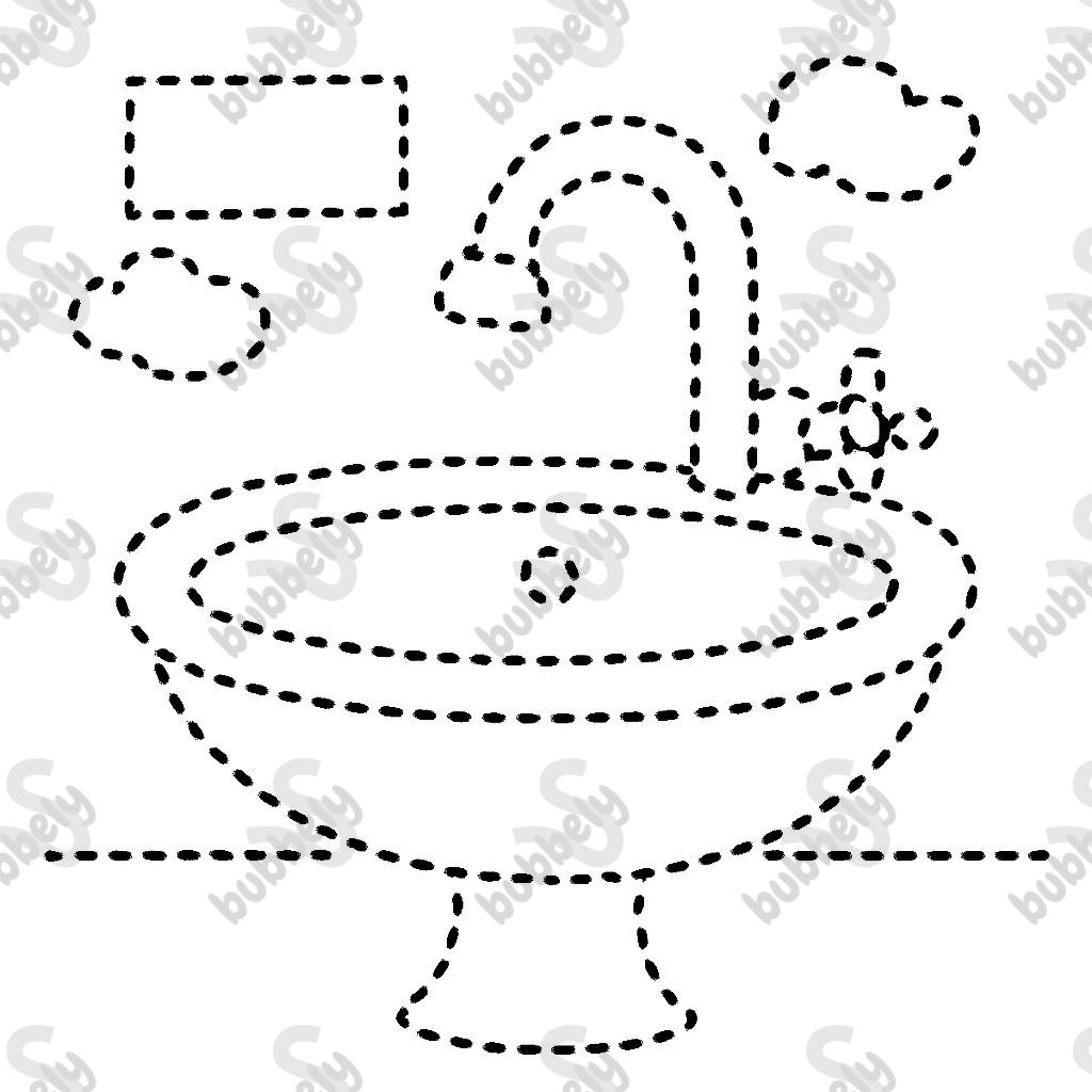 Please generate a drawing of a sink in the form of dashed lines, so that children can trace the outlines and then color it.